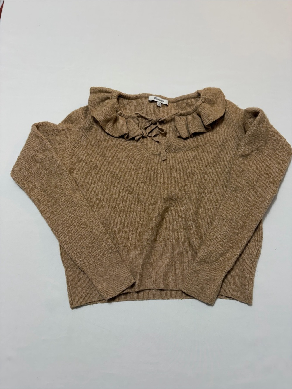 Madewell Ruffled Collar Tie Front Merino Wool Alpaca Blend Sweater Camel Brown M